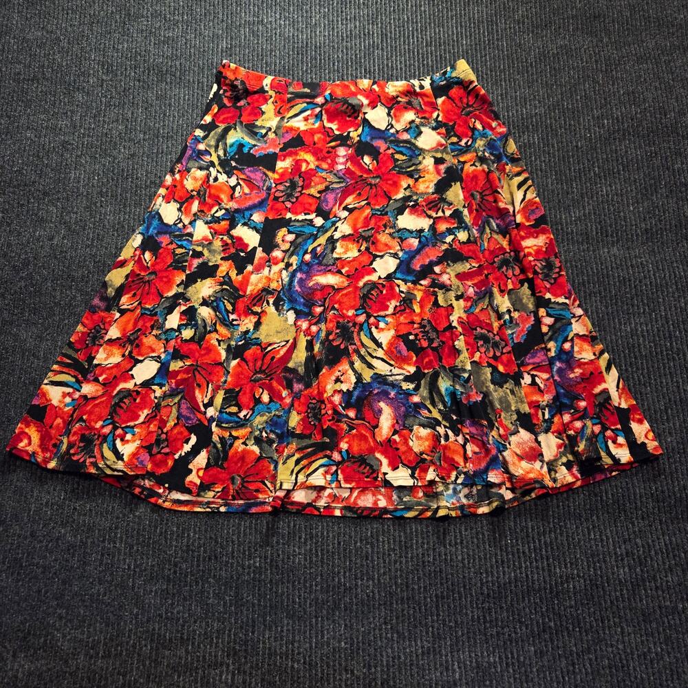 90's Black Red Beige Floral Midi Skirt Size 3 Elastic Waistband